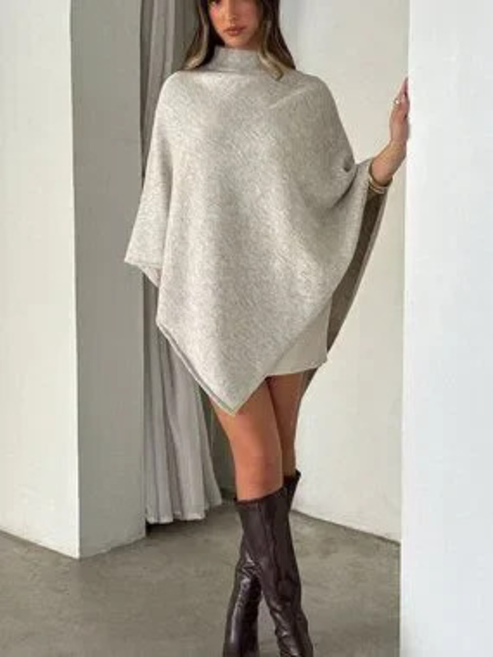 Khaki Casual Women's Loose Fit Oversized High Neck Batwing Sleeve sweater Poncho